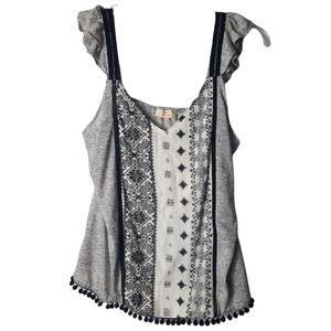 Hummingbird Black and White V-Neck Ruffled Tank top L